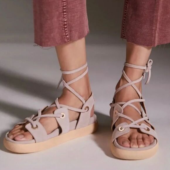 Anthropologie Shoes - Anthropologie pink Suede tie up Gladiator Sandals EUC